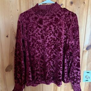Maurices Burgundy Burnout Velvet Mock Neck Long Sleeve Top
